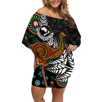New Zealand Fern and Australia Emu Family Matching Off Shoulder Short Dress and Hawaiian Shirt Aboriginal Mix Maori Pattern LT03 Mom's Dress Blue - Polynesian Pride