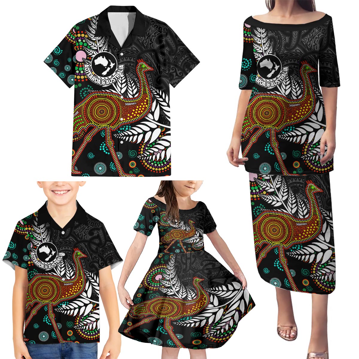 New Zealand Fern and Australia Emu Family Matching Puletasi and Hawaiian Shirt Aboriginal Mix Maori Pattern LT03 - Polynesian Pride