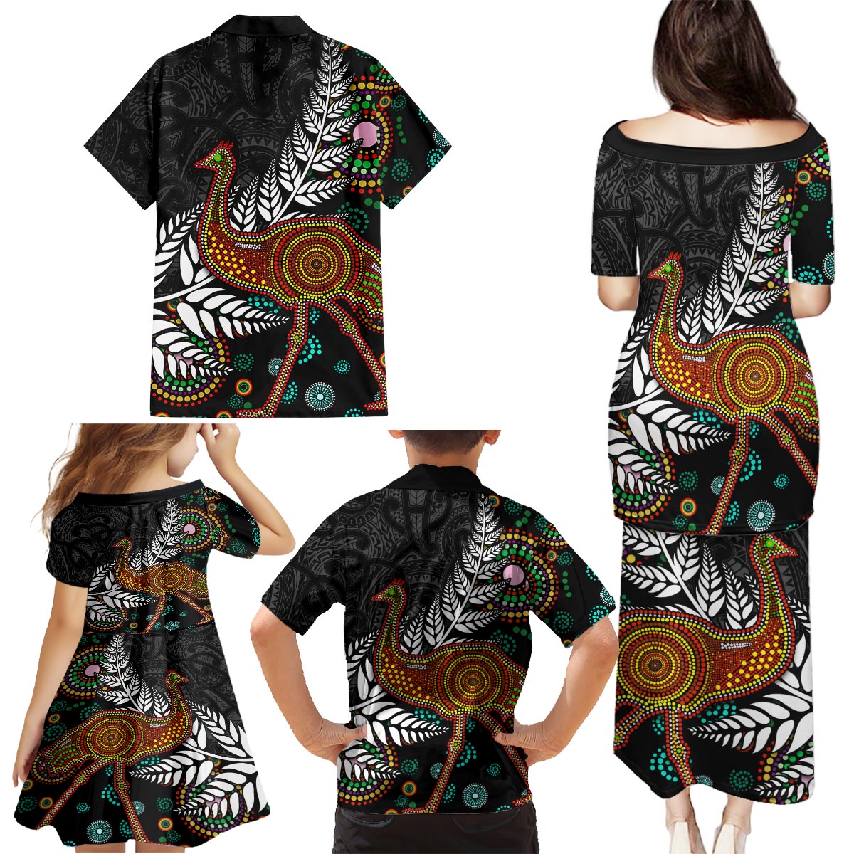 New Zealand Fern and Australia Emu Family Matching Puletasi and Hawaiian Shirt Aboriginal Mix Maori Pattern LT03 - Polynesian Pride