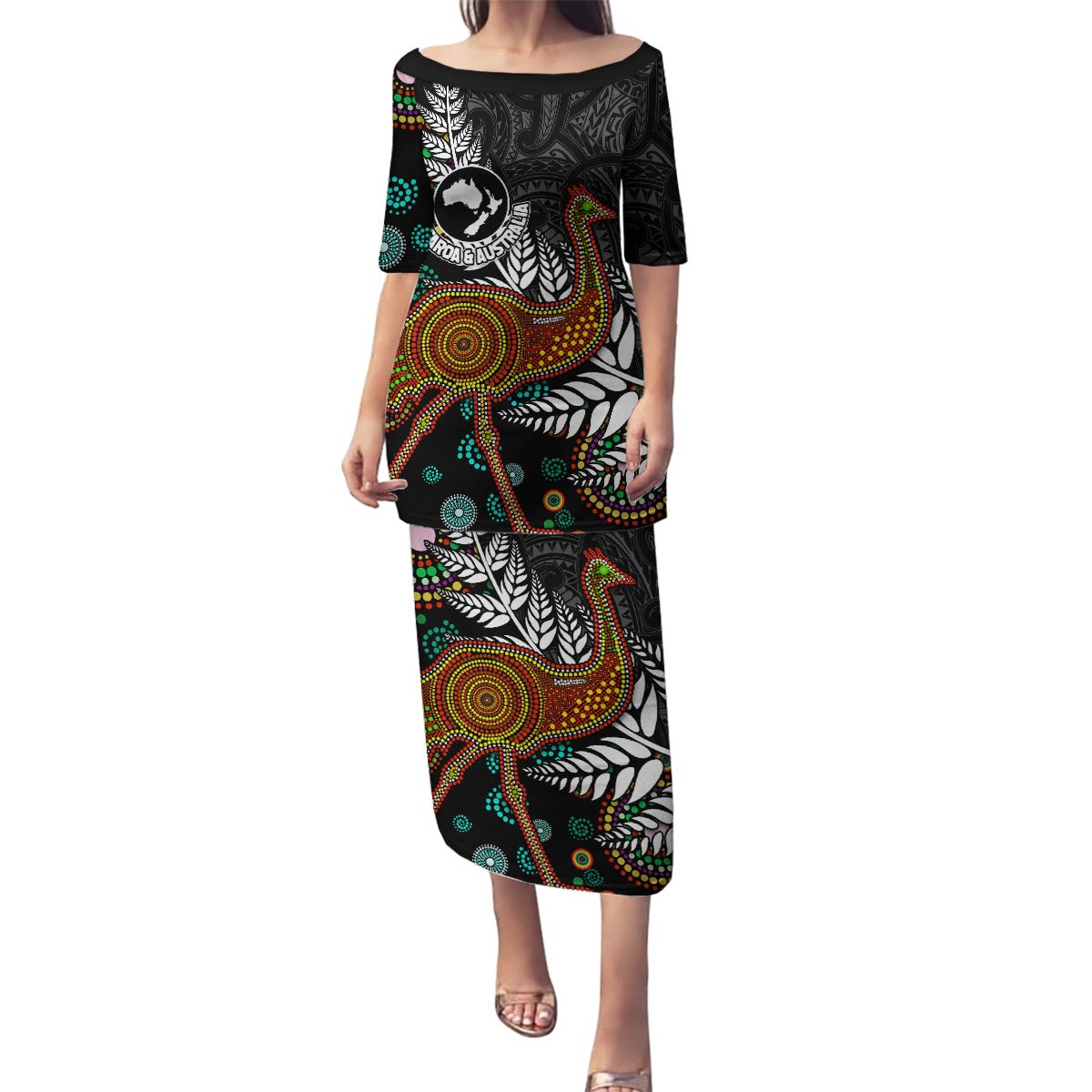 New Zealand Fern and Australia Emu Family Matching Puletasi and Hawaiian Shirt Aboriginal Mix Maori Pattern LT03 Mom's Dress Blue - Polynesian Pride