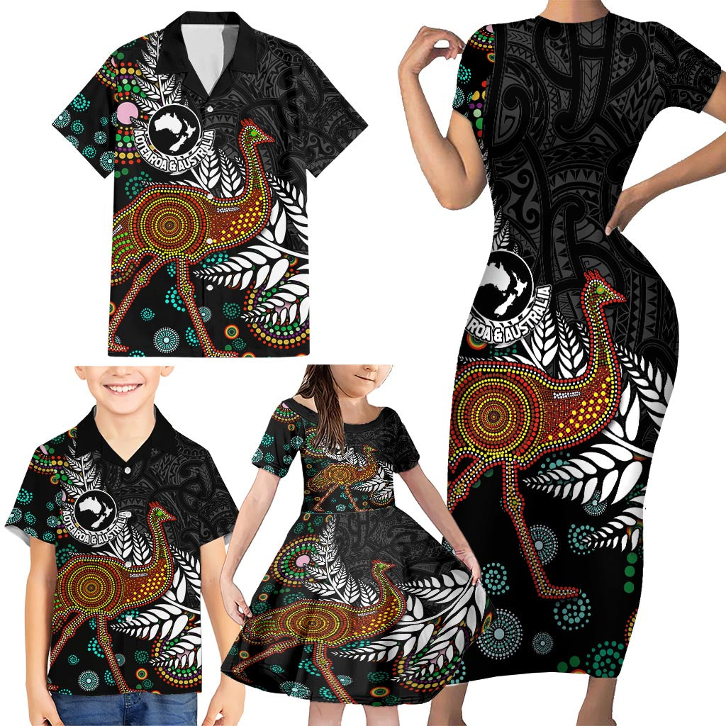 New Zealand Fern and Australia Emu Family Matching Short Sleeve Bodycon Dress and Hawaiian Shirt Aboriginal Mix Maori Pattern LT03 - Polynesian Pride