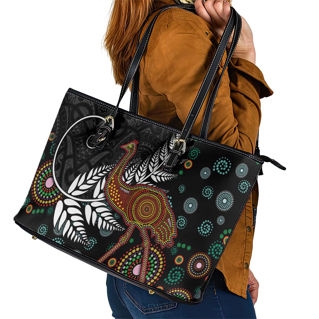 New Zealand Fern and Australia Emu Leather Tote Bag Aboriginal Mix Maori Pattern