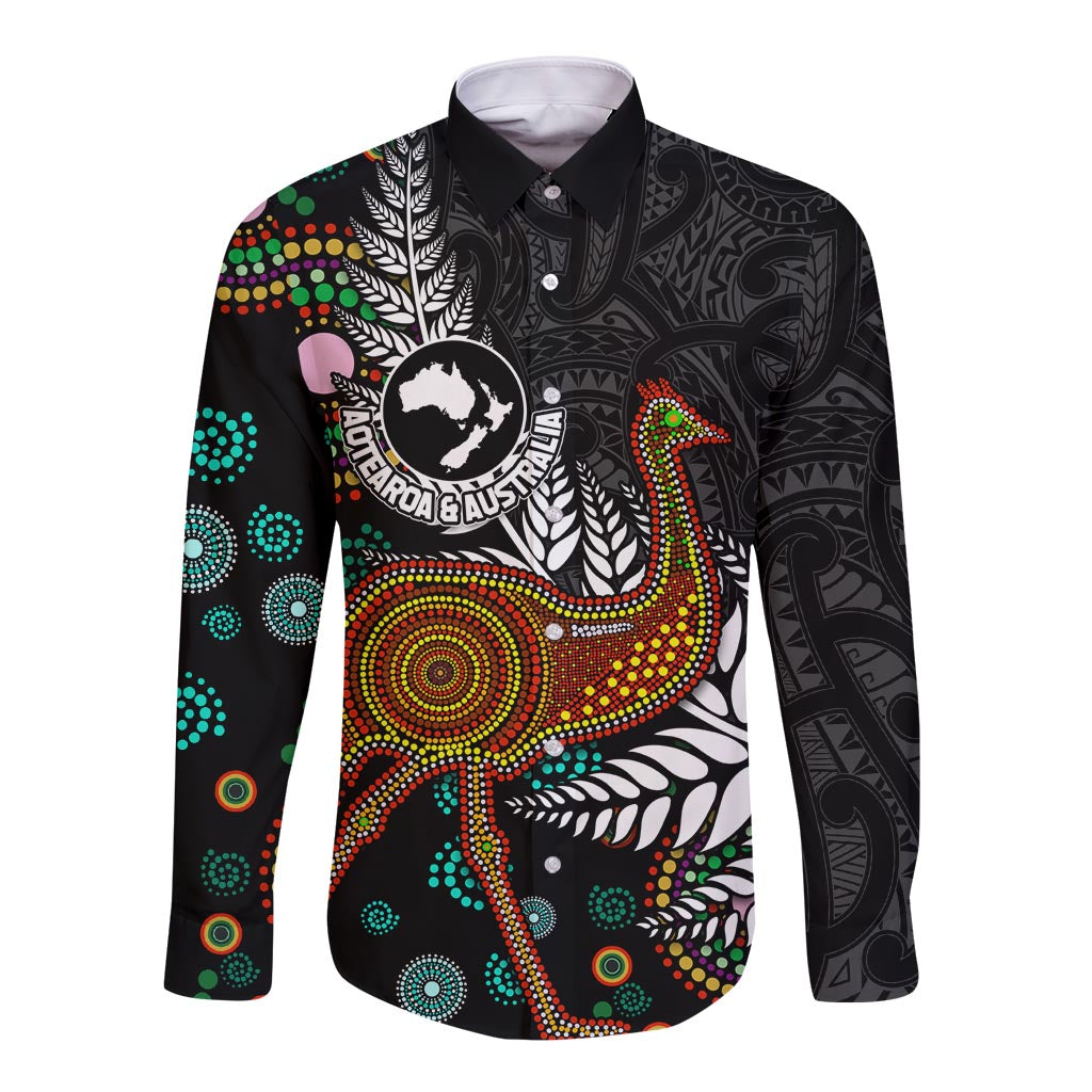 New Zealand Fern and Australia Emu Long Sleeve Button Shirt Aboriginal Mix Maori Pattern