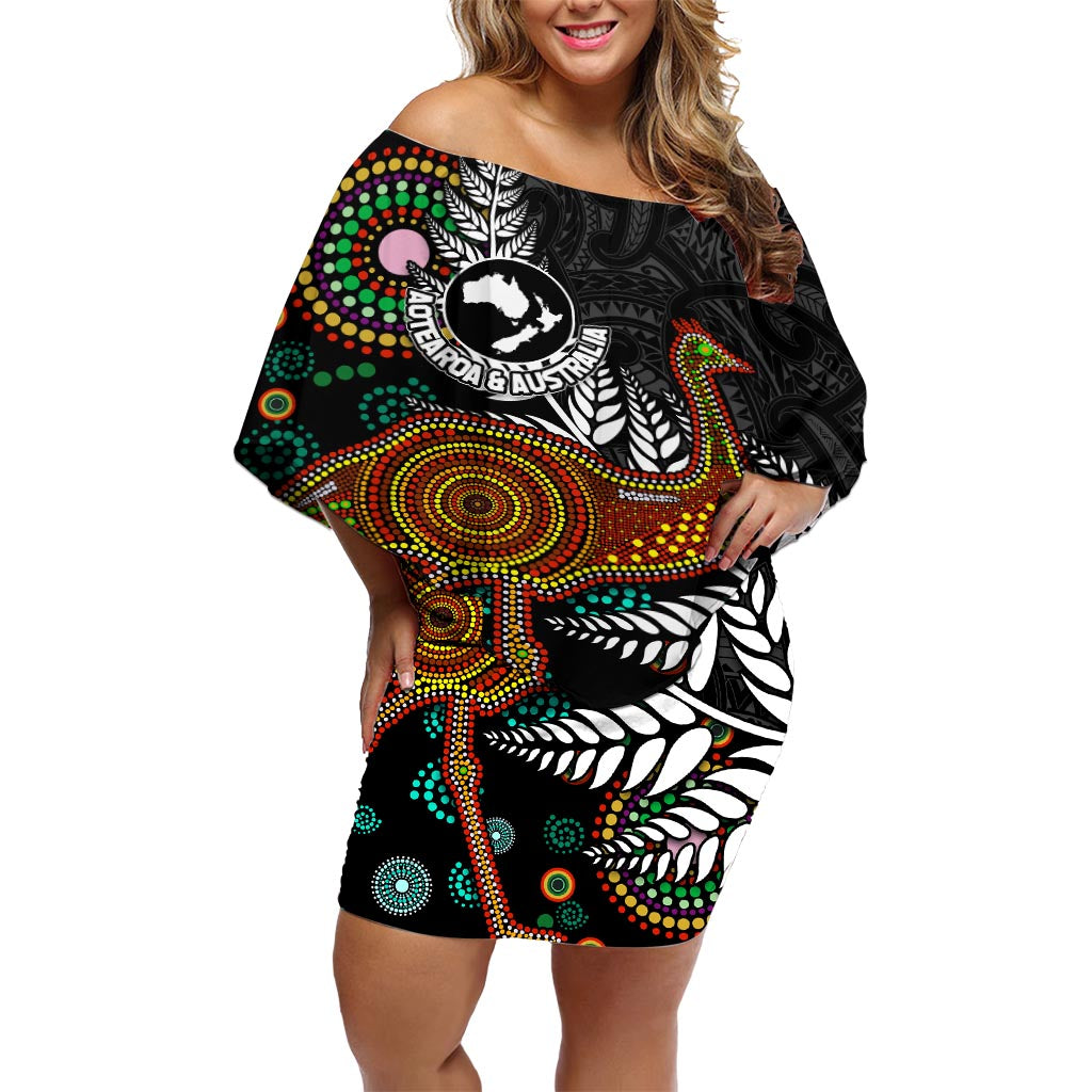 New Zealand Fern and Australia Emu Off Shoulder Short Dress Aboriginal Mix Maori Pattern