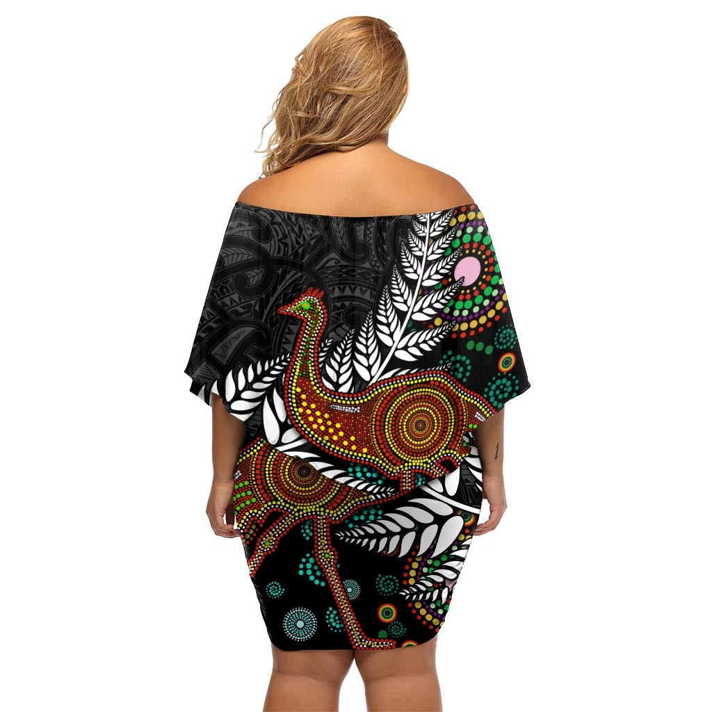 New Zealand Fern and Australia Emu Off Shoulder Short Dress Aboriginal Mix Maori Pattern