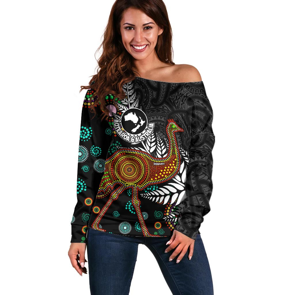 New Zealand Fern and Australia Emu Off Shoulder Sweater Aboriginal Mix Maori Pattern