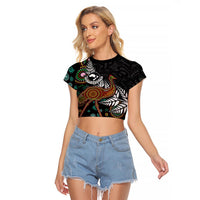 New Zealand Fern and Australia Emu Raglan Cropped T Shirt Aboriginal Mix Maori Pattern LT03 Female Blue - Polynesian Pride