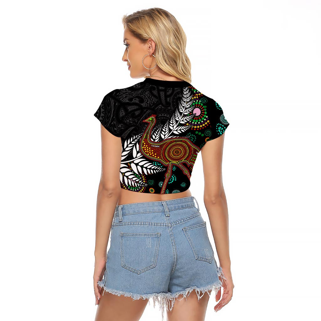 New Zealand Fern and Australia Emu Raglan Cropped T Shirt Aboriginal Mix Maori Pattern LT03 - Polynesian Pride