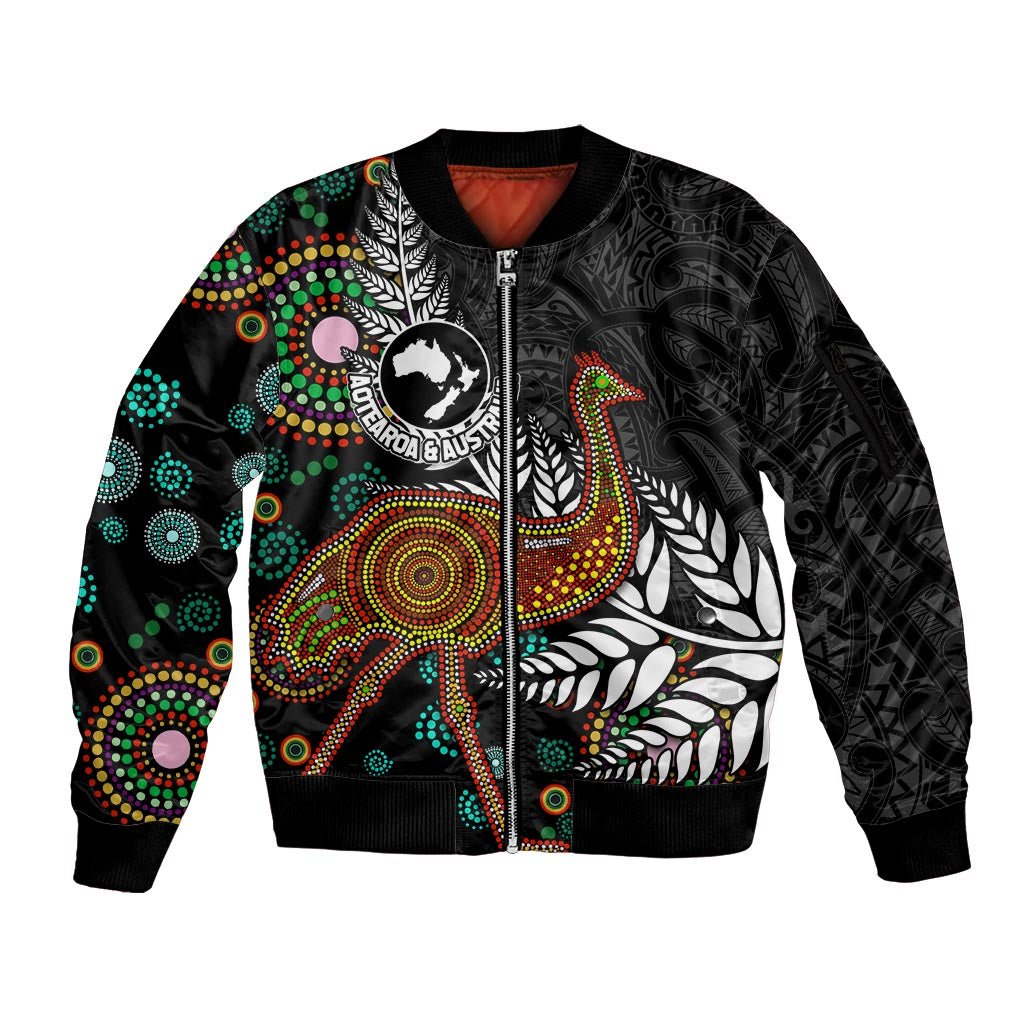 New Zealand Fern and Australia Emu Sleeve Zip Bomber Jacket Aboriginal Mix Maori Pattern