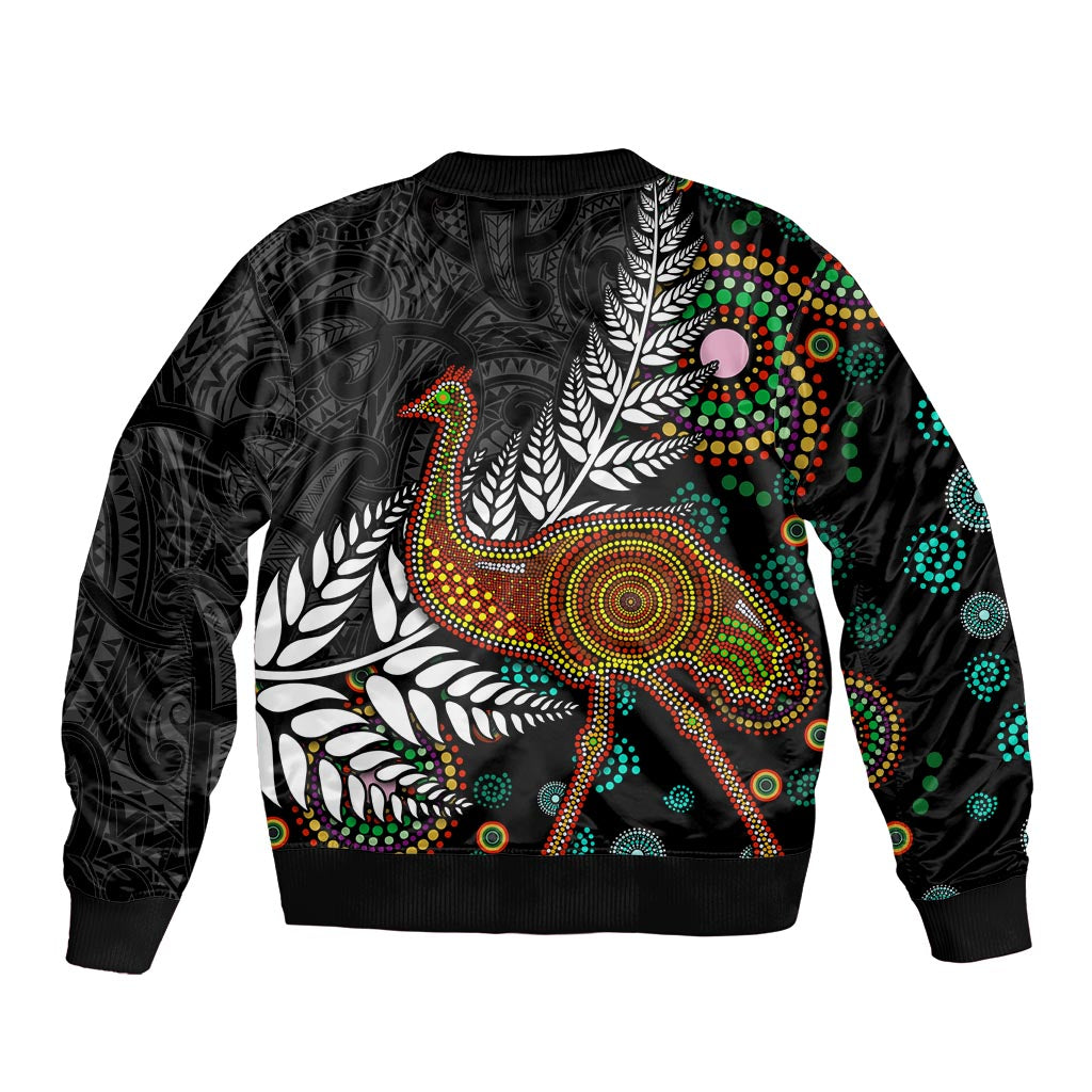 New Zealand Fern and Australia Emu Sleeve Zip Bomber Jacket Aboriginal Mix Maori Pattern