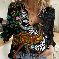 New Zealand Fern and Australia Emu Women Casual Shirt Aboriginal Mix Maori Pattern LT03 Female Blue - Polynesian Pride
