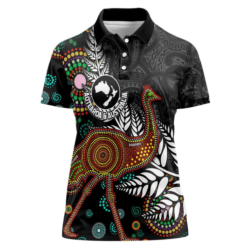 New Zealand Fern and Australia Emu Women Polo Shirt Aboriginal Mix Maori Pattern