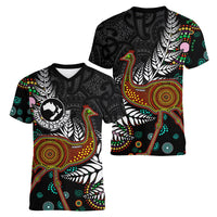 New Zealand Fern and Australia Emu Women V-Neck T-Shirt Aboriginal Mix Maori Pattern LT03 - Polynesian Pride