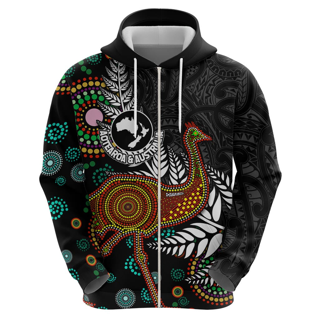 New Zealand Fern and Australia Emu Zip Hoodie Aboriginal Mix Maori Pattern