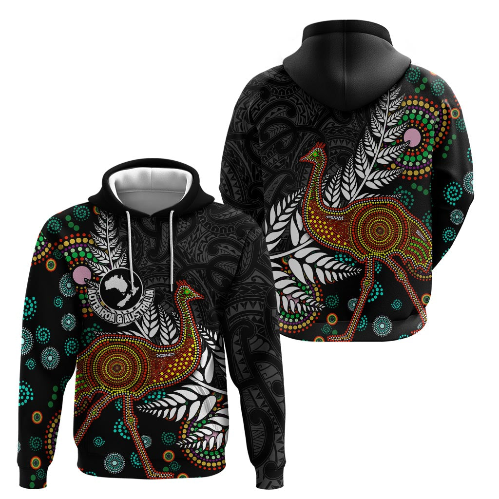 New Zealand Fern and Australia Emu Zip Hoodie Aboriginal Mix Maori Pattern