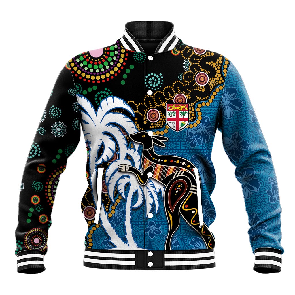 Fiji Palm Tree and Australia Kangaroo Baseball Jacket Aboriginal Mix Tapa Pattern