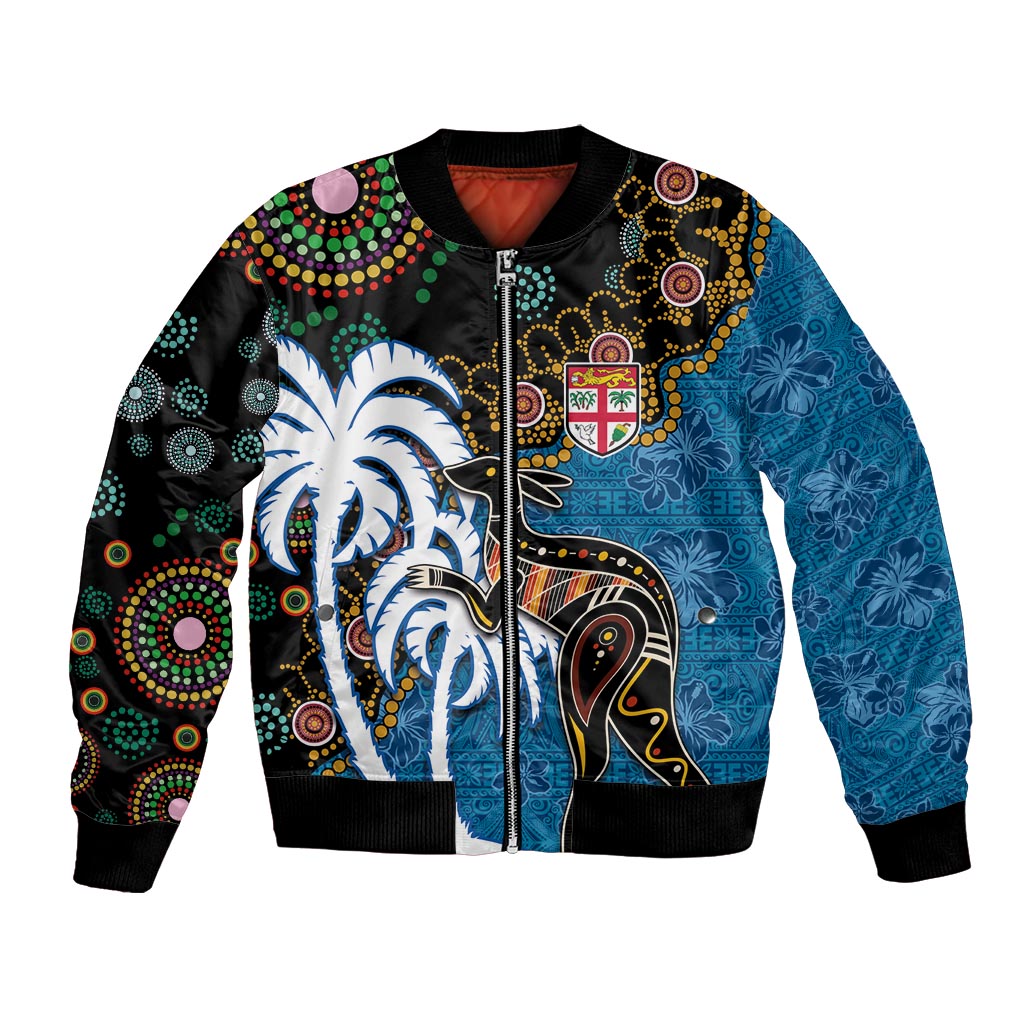 Fiji Palm Tree and Australia Kangaroo Bomber Jacket Aboriginal Mix Tapa Pattern
