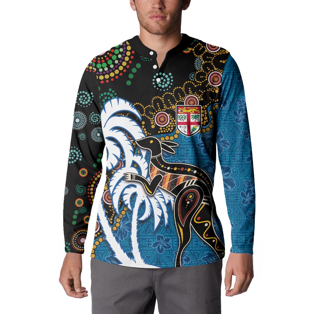 Fiji Palm Tree and Australia Kangaroo Button Sweatshirt Aboriginal Mix Tapa Pattern