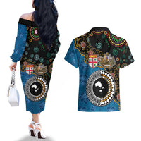 Fiji Palm Tree and Australia Kangaroo Couples Matching Off The Shoulder Long Sleeve Dress and Hawaiian Shirt Aboriginal Mix Tapa Pattern