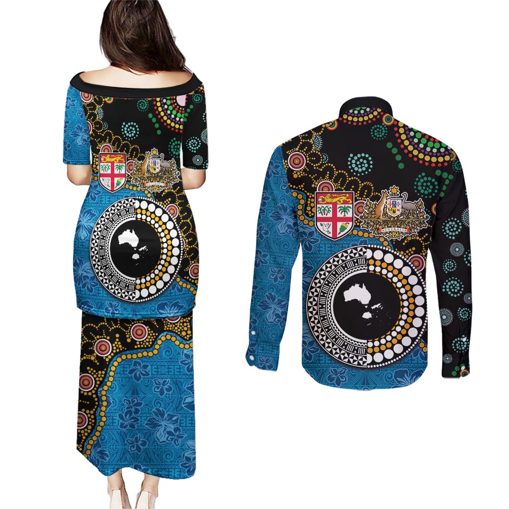 Fiji Palm Tree and Australia Kangaroo Couples Matching Puletasi and Long Sleeve Button Shirt Aboriginal Mix Tapa Pattern