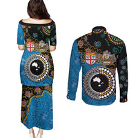 Fiji Palm Tree and Australia Kangaroo Couples Matching Puletasi and Long Sleeve Button Shirt Aboriginal Mix Tapa Pattern