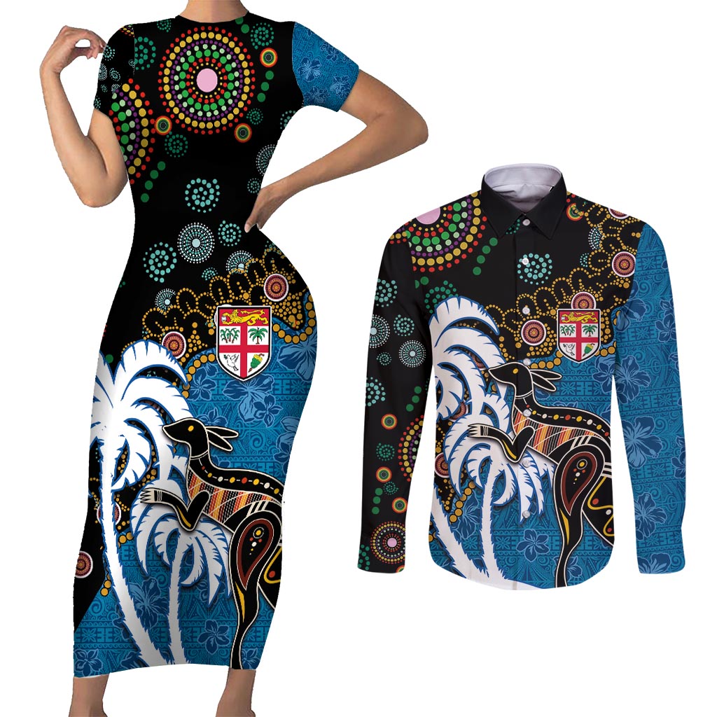 Fiji Palm Tree and Australia Kangaroo Couples Matching Short Sleeve Bodycon Dress and Long Sleeve Button Shirt Aboriginal Mix Tapa Pattern