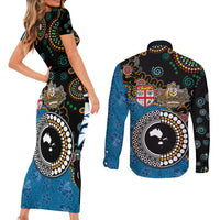 Fiji Palm Tree and Australia Kangaroo Couples Matching Short Sleeve Bodycon Dress and Long Sleeve Button Shirt Aboriginal Mix Tapa Pattern