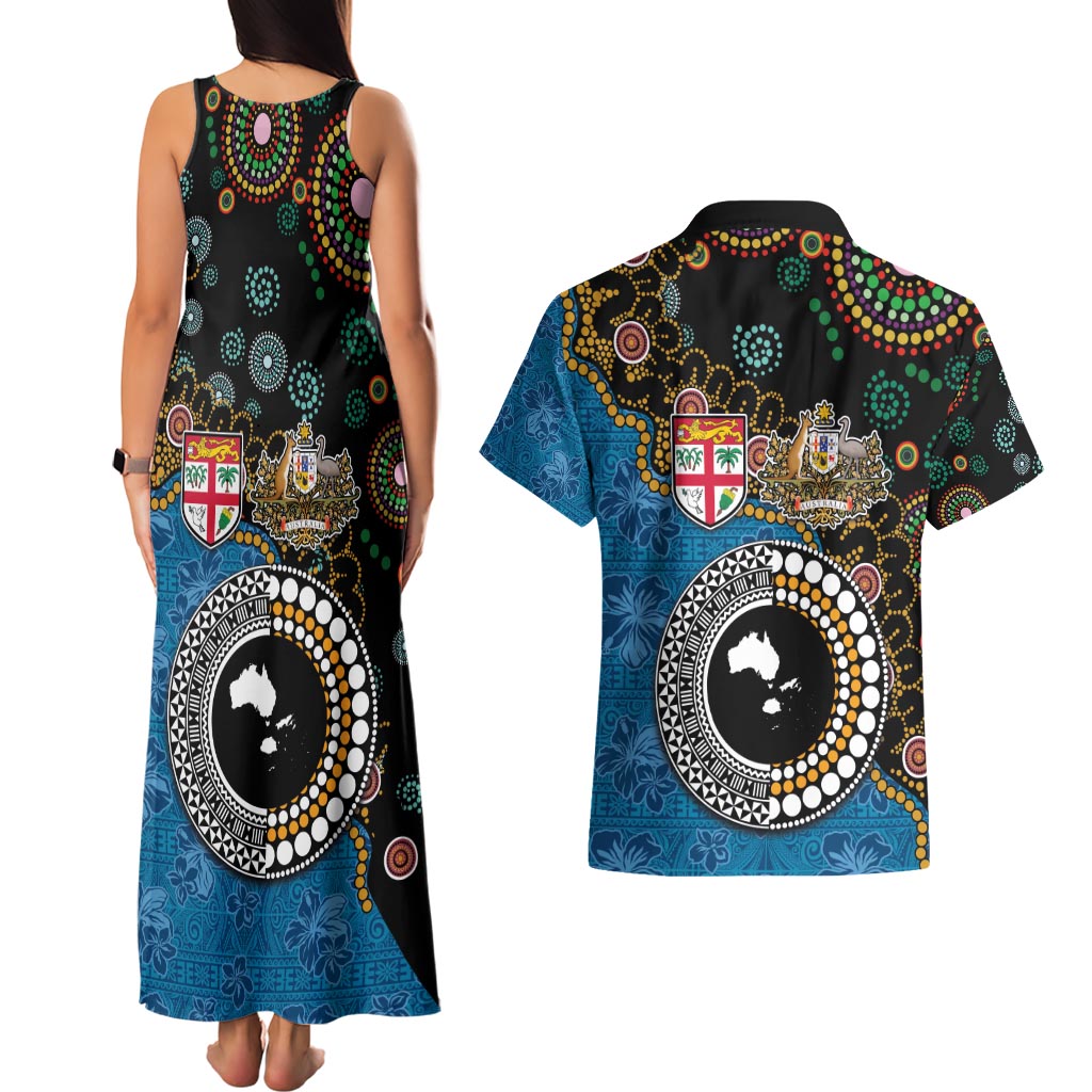 Fiji Palm Tree and Australia Kangaroo Couples Matching Tank Maxi Dress and Hawaiian Shirt Aboriginal Mix Tapa Pattern