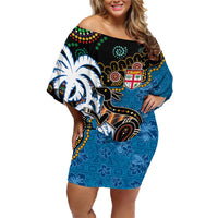 Fiji Palm Tree and Australia Kangaroo Family Matching Off Shoulder Short Dress and Hawaiian Shirt Aboriginal Mix Tapa Pattern