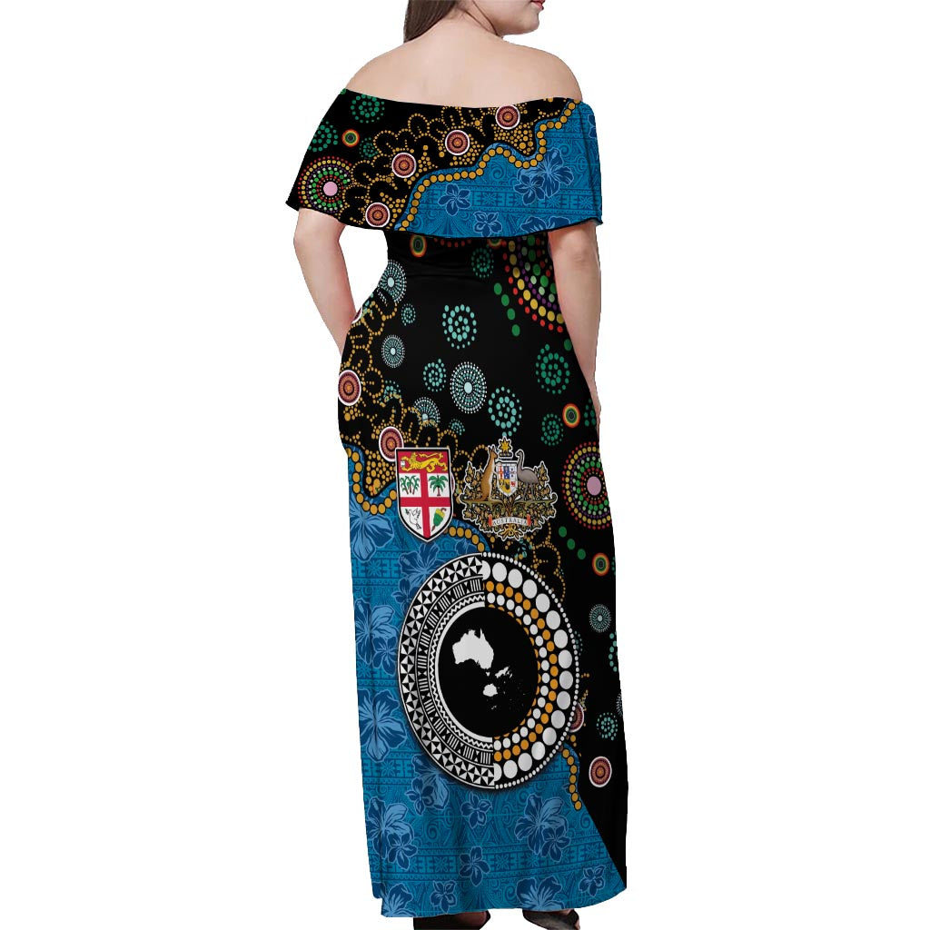 Fiji Palm Tree and Australia Kangaroo Off Shoulder Maxi Dress Aboriginal Mix Tapa Pattern