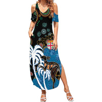 Fiji Palm Tree and Australia Kangaroo Summer Maxi Dress Aboriginal Mix Tapa Pattern LT03 Women Blue - Polynesian Pride