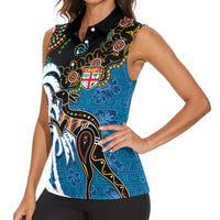 Fiji Palm Tree and Australia Kangaroo Women Sleeveless Polo Shirt Aboriginal Mix Tapa Pattern