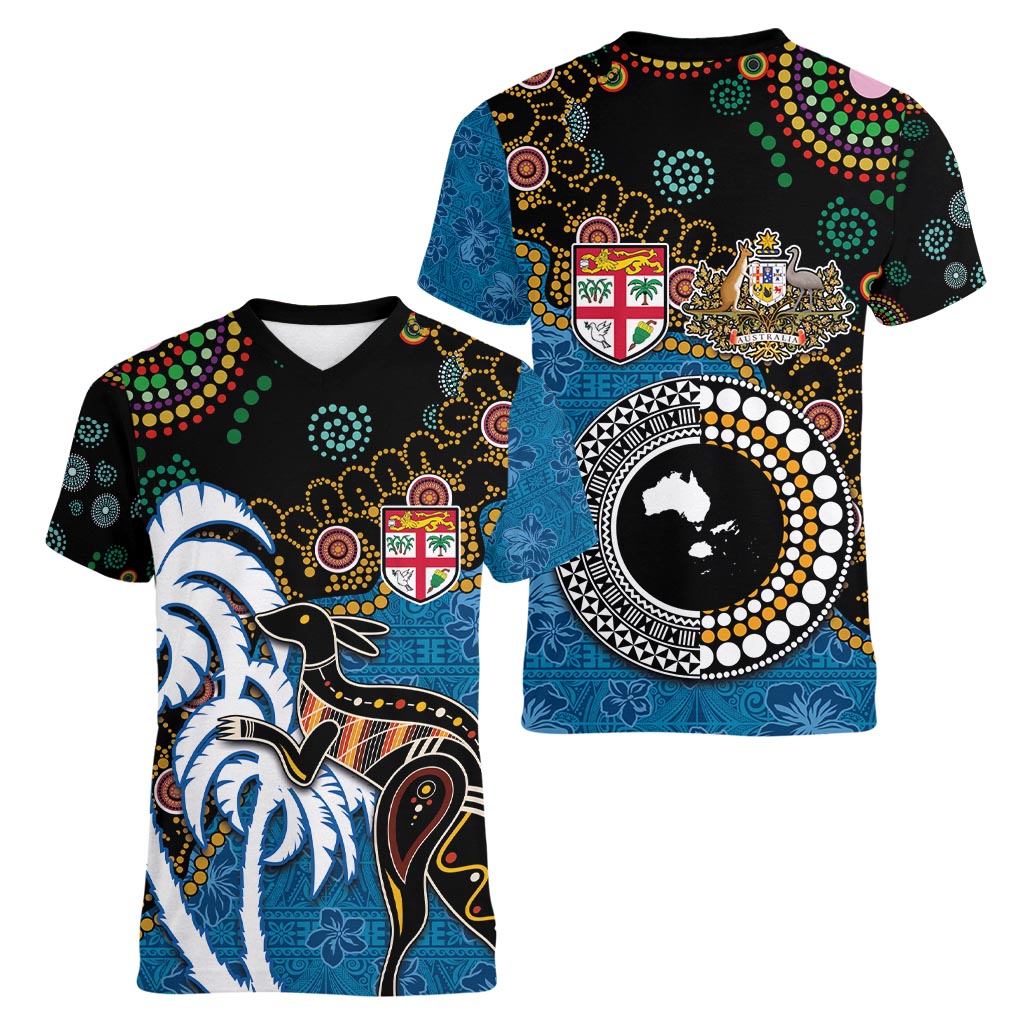 Fiji Palm Tree and Australia Kangaroo Women V-Neck T-Shirt Aboriginal Mix Tapa Pattern