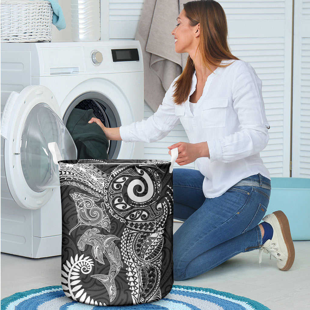 Aotearoa Maori Sea Animals Tribal Laundry Basket Manta Ray and Shark Moko Pattern Black Color