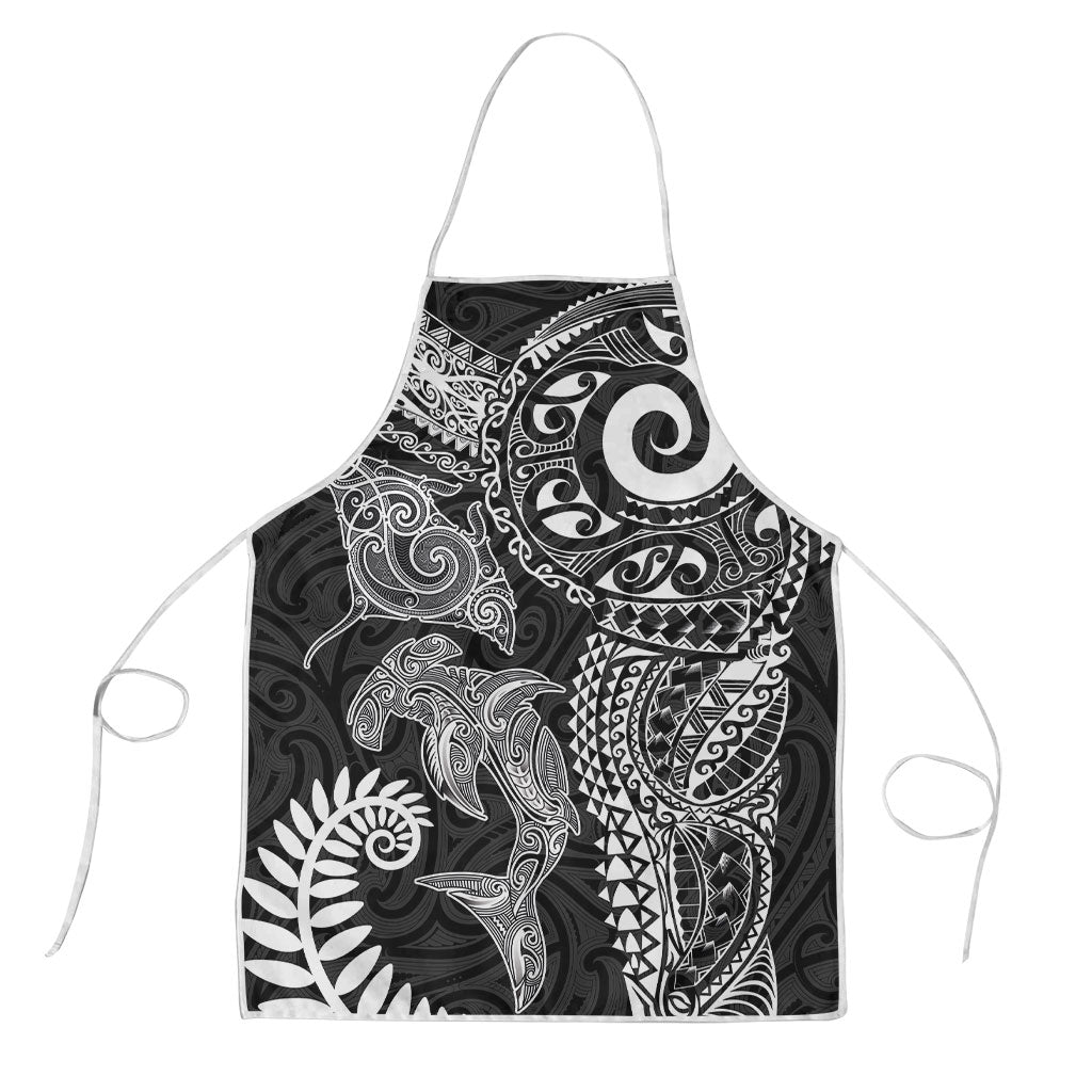 Aotearoa Maori Sea Animals Tribal Apron Manta Ray and Shark Moko Pattern Black Color LT03 Black - Polynesian Pride