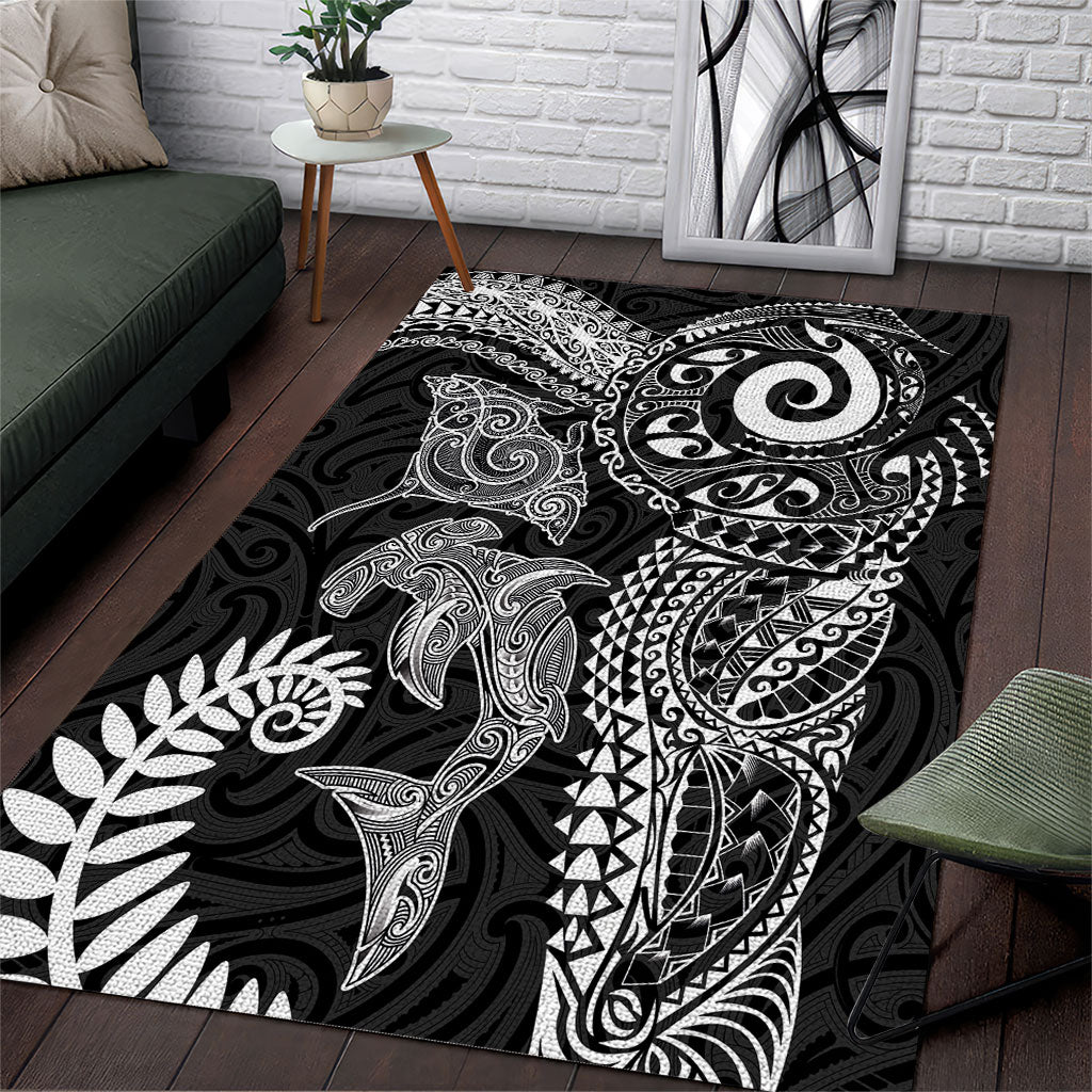Aotearoa Maori Sea Animals Tribal Area Rug Manta Ray and Shark Moko Pattern Black Color LT03 Black - Polynesian Pride