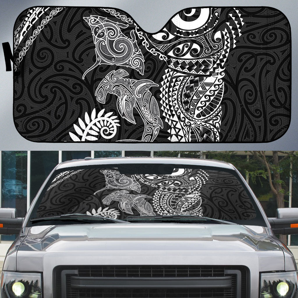 Aotearoa Maori Sea Animals Tribal Auto Sun Shade Manta Ray and Shark Moko Pattern Black Color LT03 Black - Polynesian Pride