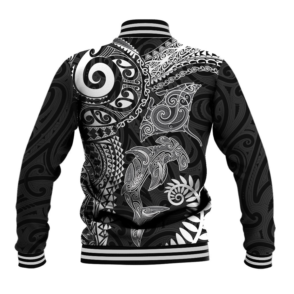 Aotearoa Maori Sea Animals Tribal Baseball Jacket Manta Ray and Shark Moko Pattern Black Color