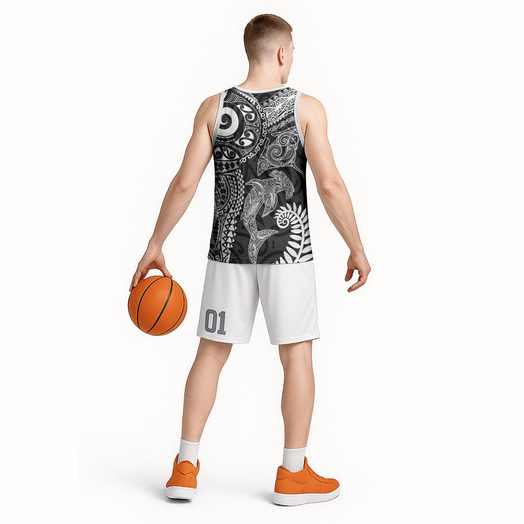 Aotearoa Maori Sea Animals Tribal Basketball Jersey Manta Ray and Shark Moko Pattern Black Color LT03 - Polynesian Pride