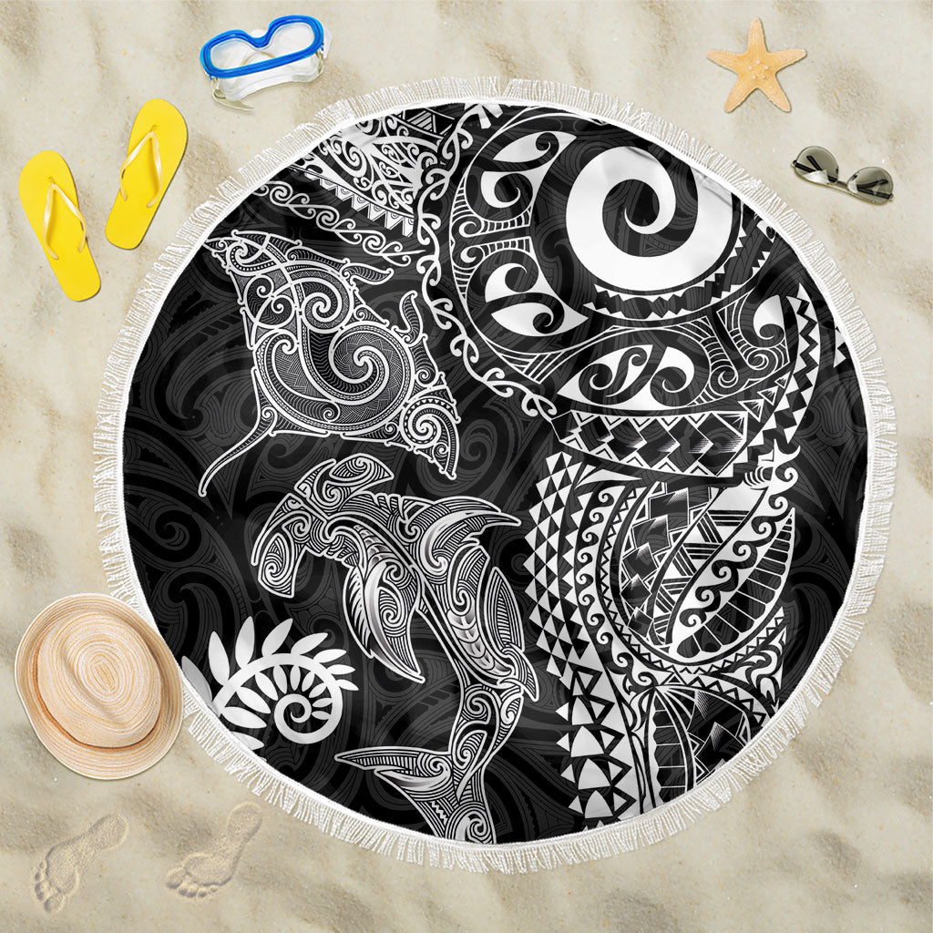 Aotearoa Maori Sea Animals Tribal Beach Blanket Manta Ray and Shark Moko Pattern Black Color LT03 One Size 150cm Black - Polynesian Pride