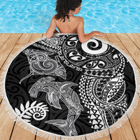 Aotearoa Maori Sea Animals Tribal Beach Blanket Manta Ray and Shark Moko Pattern Black Color