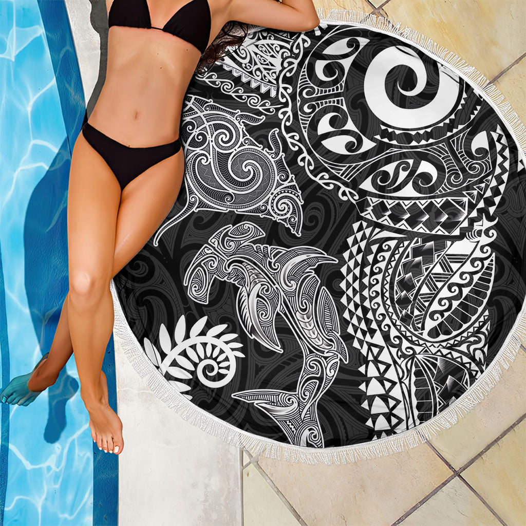 Aotearoa Maori Sea Animals Tribal Beach Blanket Manta Ray and Shark Moko Pattern Black Color