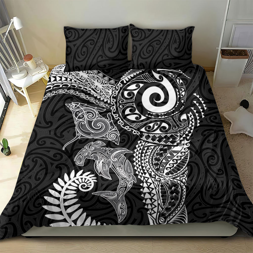 Aotearoa Maori Sea Animals Tribal Bedding Set Manta Ray and Shark Moko Pattern Black Color