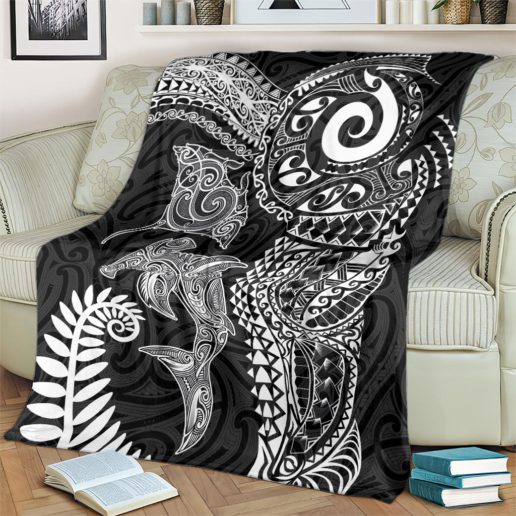 Aotearoa Maori Sea Animals Tribal Blanket Manta Ray and Shark Moko Pattern Black Color