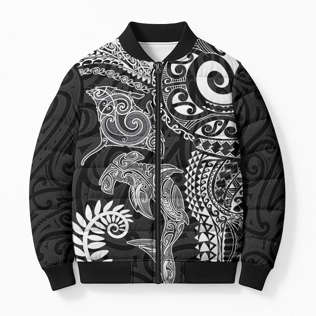 Aotearoa Maori Sea Animals Tribal Bomber Puffer Jacket Manta Ray and Shark Moko Pattern Black Color LT03 Unisex Black - Polynesian Pride