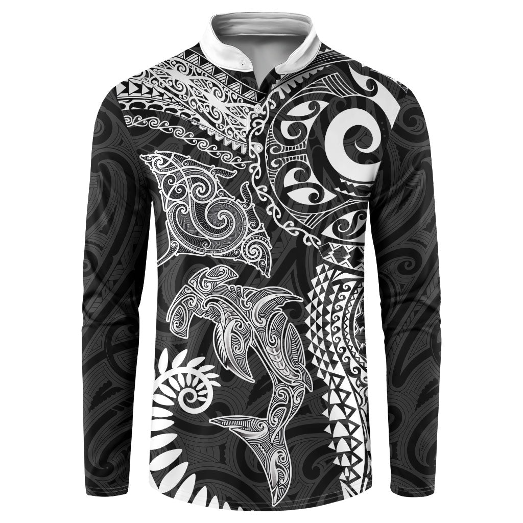 Aotearoa Maori Sea Animals Tribal Button Sweatshirt Manta Ray and Shark Moko Pattern Black Color LT03 Black - Polynesian Pride