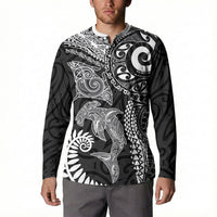 Aotearoa Maori Sea Animals Tribal Button Sweatshirt Manta Ray and Shark Moko Pattern Black Color
