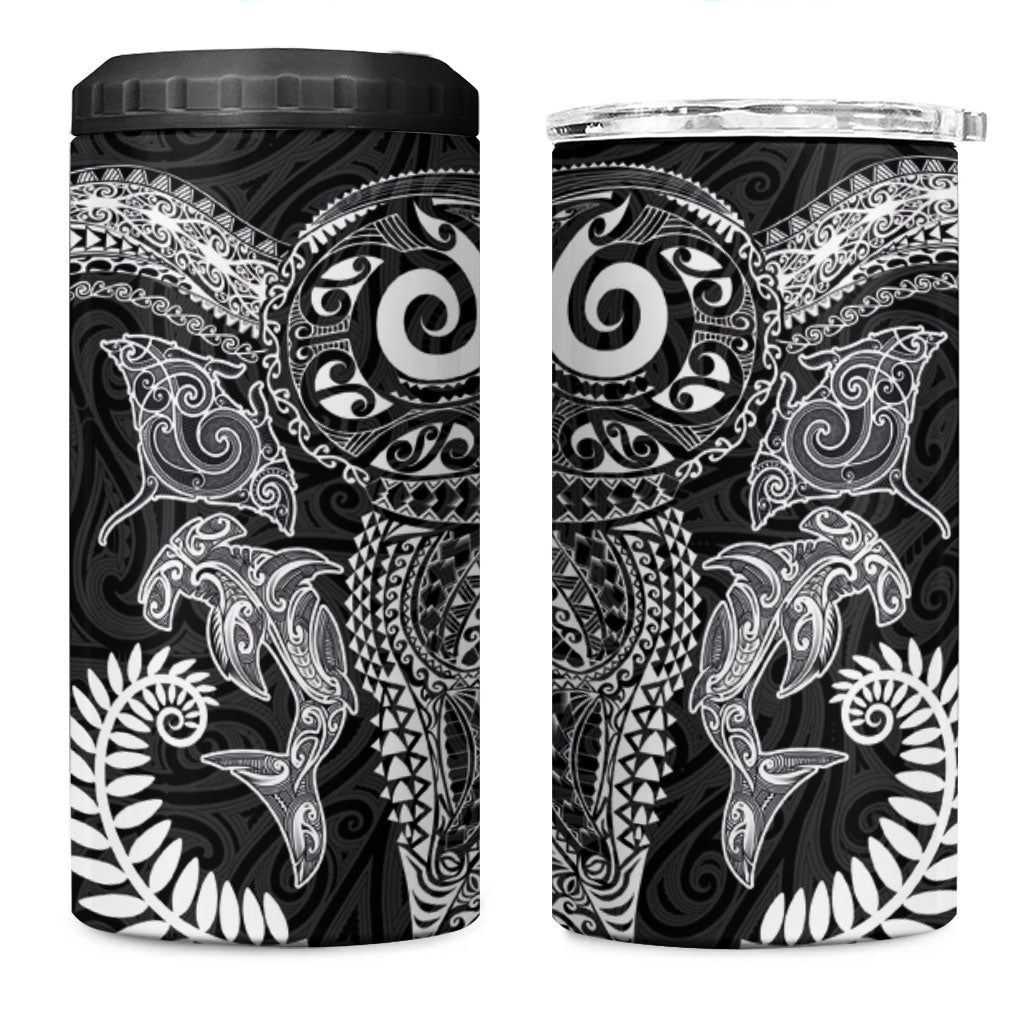 Aotearoa Maori Sea Animals Tribal 4 in 1 Can Cooler Tumbler Manta Ray and Shark Moko Pattern Black Color LT03 One Size: 16 oz Black - Polynesian Pride