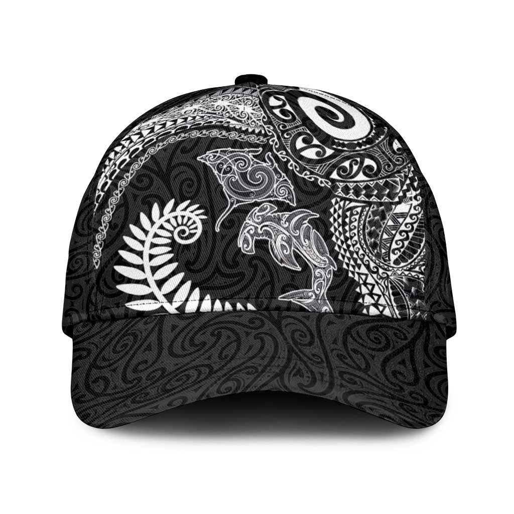 Aotearoa Maori Sea Animals Tribal Classic Cap Manta Ray and Shark Moko Pattern Black Color LT03 Universal Fit Black - Polynesian Pride