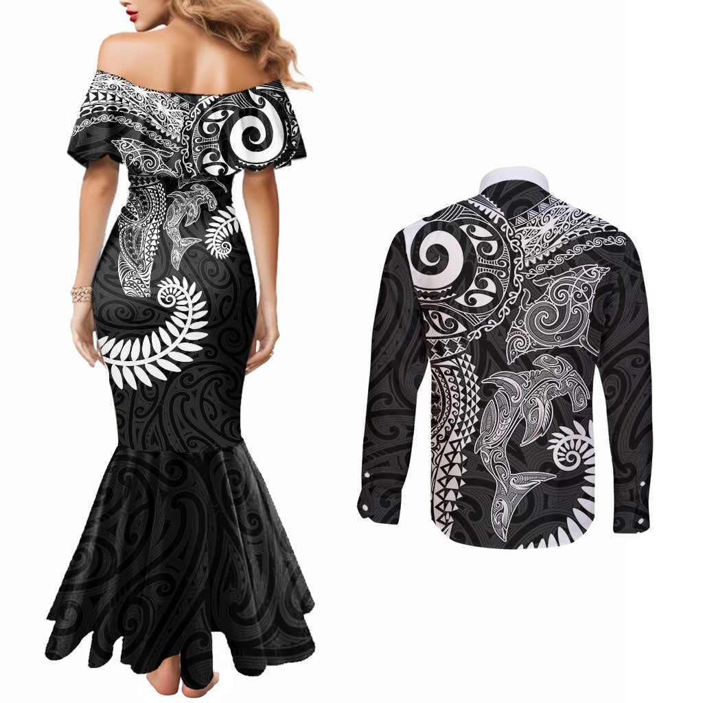 Aotearoa Maori Sea Animals Tribal Couples Matching Mermaid Dress and Long Sleeve Button Shirt Manta Ray and Shark Moko Pattern Black Color LT03 - Polynesian Pride